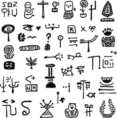 Tribal & Ancient Symbol Set Featuring a Collection of Abstract Shapes, Human Figures, Animals, Plants, and Various Geometric Elements&mdash;Representing Cultural Art, Mysticism, and Heritage