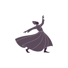 Sufi Whirling Dervish Silhouette Spiritual Dance in Flowing Robes on White Background Vector Illustration