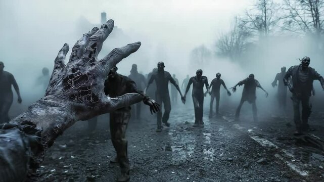 A group of zombies emerges from the mist on a desolate, ruined street as a decayed hand reaches forward in the foreground.