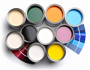 Paint cans and color palette on white background, top view.