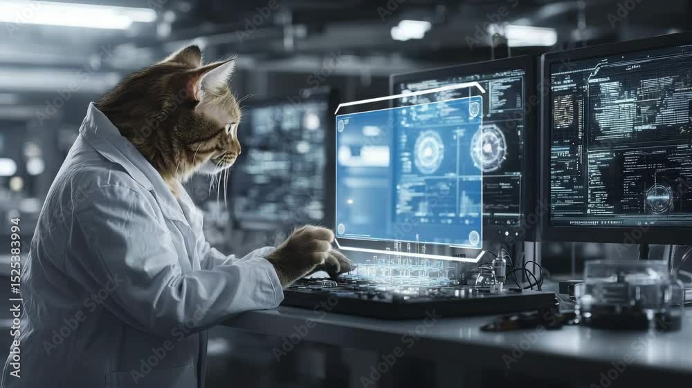 Aufkleber A cat dressed as a scientist operates futuristic laboratory equipment and computers in a high-tech lab.