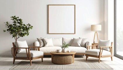 Bright living room with minimalist decor wooden furniture and blank frame