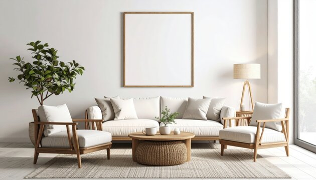 Fototapeta Bright living room with minimalist decor wooden furniture and blank frame