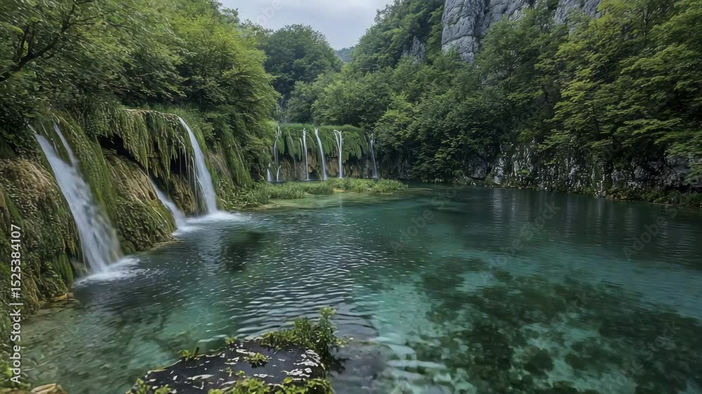 Poster a serene view of cascading waterfalls flowing into a turquoise, crystal-clear lake surrounded by lus