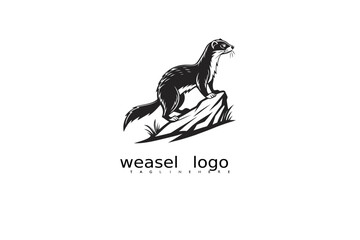 Black and white nature logo featuring weasel, grass, and crescent moon for forest branding, rustic identity, eco packaging, and wildlife-themed vector illustration business use.

