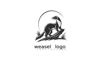 Black and white wildlife logo of elegant weasel with moon and grass accents for nature-themed product branding, rustic eco identity, and outdoor vector illustration designs.

