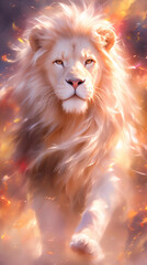 Digital fantasy art Lion. Illustration of a close-up portrait of a running lion.
 Generative AI