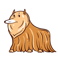 Cartoon dog with long, shaggy brown coat, friendly face and pointed ears, standing and smiling. Funny fluffy dog is drawn in cute doodle style. Vector illustration