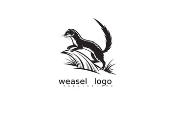 Fototapeta premium Rustic wildlife logo vector with black and white weasel, crescent moon, and grass elements for eco product design, outdoor nature branding, forest identity logos, and elegant business emblems.