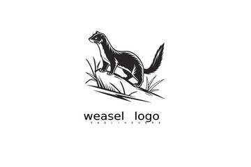 Fototapeta premium Weasel logo vector in a bold black and white style with moon and grass motif for rustic forest identity, eco product branding, wildlife label design, and elegant outdoor business logos.