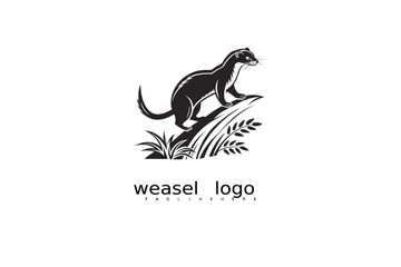 Fototapeta premium Wildlife-themed weasel logo vector design featuring grass and crescent moon in black and white for rustic eco branding, outdoor product identity, and forest nature business illustrations.