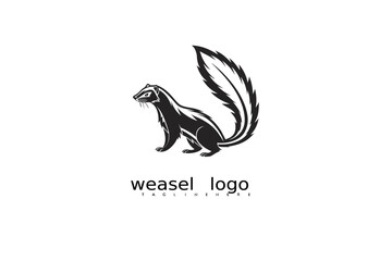 Obraz premium Hand-drawn style weasel logo in black and white with crescent moon and grass for eco brand identity, wildlife-themed vector illustrations, rustic packaging, and outdoor nature logo design.