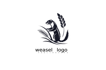 Nature logo design featuring elegant weasel with crescent moon and grass scene in a monochrome vector style for forest brand identity, outdoor-themed businesses, and eco-friendly product labels.

