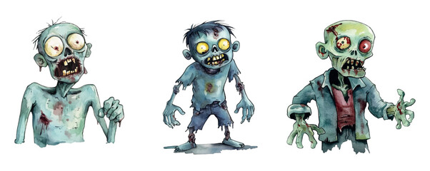 Watercolor set of Halloween pumpkins png. Orange pumpkins with carved evil eyes in cartoon style. Watercolor elements for Halloween. Vector illustration.