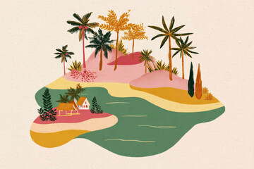 Fototapeta premium Tranquil beach setting with transparent water embraced by lush palm trees and vibrant vegetation. The colorful sky and soft sunlight create a peaceful sunset atmosphere