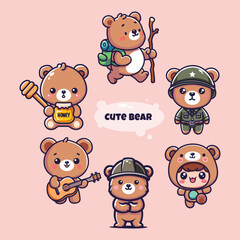 Set of cute cartoon bear. Vector illustration. Cute animal.