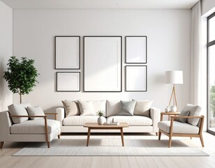 Bright living room with white sofa armchairs and blank picture frames