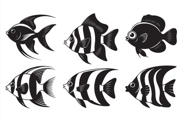 Stylized tropical fish vector set with bold outlines and striped designs in sticker format for aquatic decor, marine-themed crafts, and cartoon fish illustrations