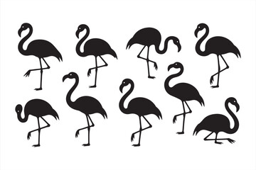 Obraz premium Elegant flamingo silhouettes with ground shadows in standing and curved poses—perfect for nature graphics, minimalist wildlife designs, and beach-themed visuals