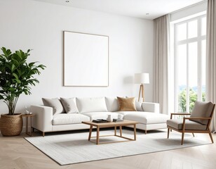 Bright living room with white sofa blank canvas and natural light from large window