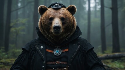 Witch bear character hybrid looking cool on cinematic environment, looking proud and enthusiastic