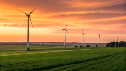 A series of wind turbines stand tall against a colorful sunset, highlighting the blend of technology and nature in renewable energy.