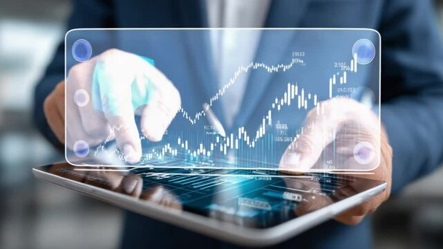 Data analysis on the tablet: The touch of a finger unveils the dynamic evolution of market data visualized on a cutting-edge tablet, bringing the world of financial growth to one's fingertips. - Powered by Adobe