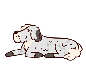 Fluffy gray dog lying down, relaxed with dark gray ears, muzzle, and paws. Cartoon dog, drawn in a cute doodle style, for a pet sticker or mascot. Vector illustration
