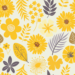 Seamless floral pattern featuring hand drawn yellow flowers and leafy elements on cream background