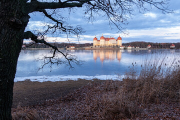 Moritzburg Castle in winter during sunrise