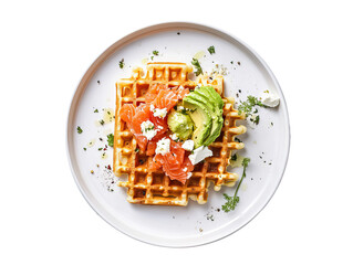 Dutch waffle with red fish and avocado on a white plate, top view, transparent background, png 