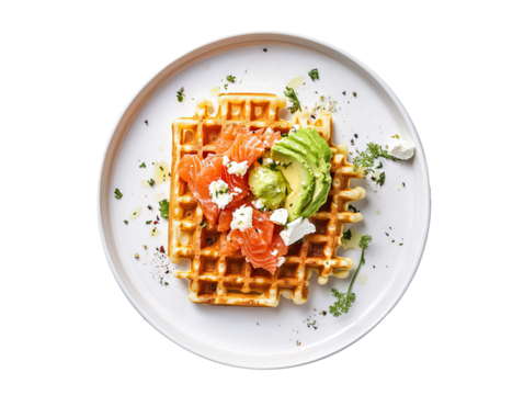 Dutch waffle with red fish and avocado on a white plate, top view, transparent background, png 