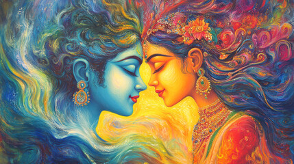 Radha Krishna Divine Love Eternal Romance Hindu Gods Colorful Painting Artistic Impression Devotion Spirituality Mythology India Culture Festive Celebration Janmashtami Holi Wall Art Decor