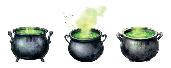 Watercolor set of witch cauldrons with potions. Dark metal cauldrons in which green potion boils. Witch items. Watercolor elements for Halloween, witch parties, etc.