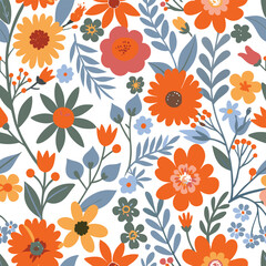 Seamless floral pattern with orange yellow and blue flowers on a white background