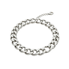 Chunky chain link necklace of polished, reflective silver metal with distinct, substantial links, on a seamless transparent background, slightly high angle, brilliant illumination, no shadows,