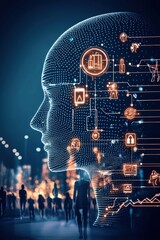 anti tracking on technology concept. Digital head silhouette with data visualization and city backdrop.