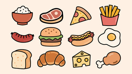 A set of 12 hand-drawn cartoon food icons in vector style. Includes rice bowl, steak, pizza slice, french fries, hamburger, sausage, hotdog, fried egg, croissant, bread, cheese, and chicken drumstick.