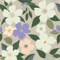 Seamless floral pattern with pastel flowers and leaves on a neutral background.