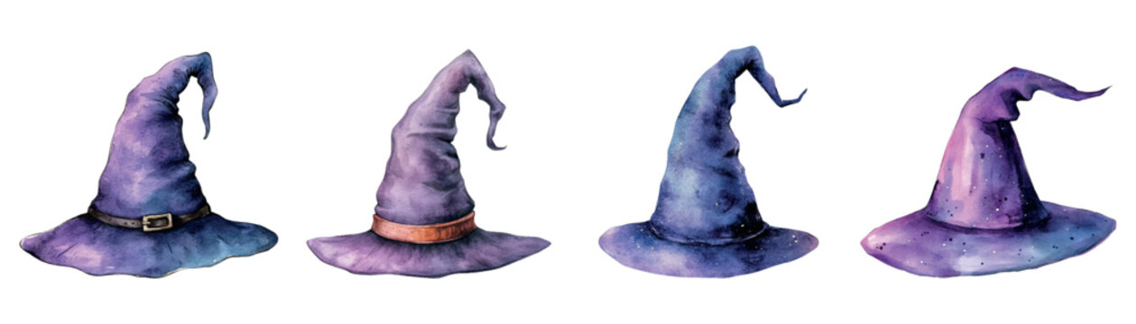 Watercolor set of witches' hats. Purple hats with pointed warhem in cartoon style watercolor png. Elements of witch, witch party, coven, etc. Elements for Halloween.