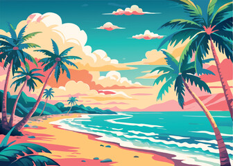 Naklejka premium Tropical beach scene with palm trees stunning sunset colors and turquoise ocean waves