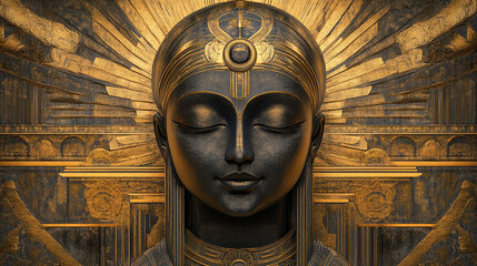 Ancient Egyptian Goddess Art Deco Sculpture Gold and Black Wall Art Decor Statue Spiritual Deity Mythology Historical Religious Iconography Cultural Artwork Pharaoh Queen Divine Feminine Power