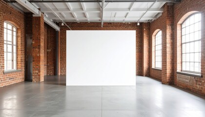 Bright loft space with brick walls arched windows and a large white canvas
