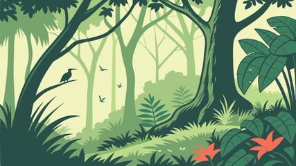 Enchanted Forest Vector Scene Lush Green Trees Illustration