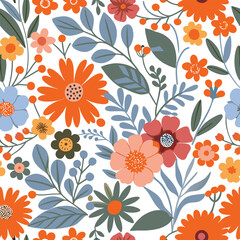 Whimsical floral pattern with colorful flowers and leaves on a white background seamless design