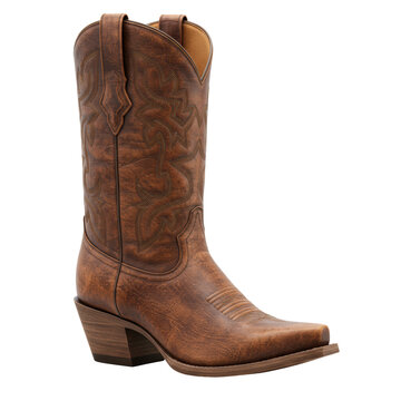 A meticulously detailed, ultra-realistic Western cowboy boot crafted from rich, aged brown leather with intricate stitching, stacked heel, and pointed toe, isolated on a transparent studio
