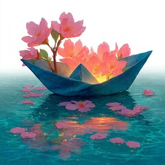 Fototapeta premium Mulberry Paper Origami Boat: Floating on Aqua Watercolor with Light Refraction, Cherry Blossoms & Dewdrops, Charcoal Outlines