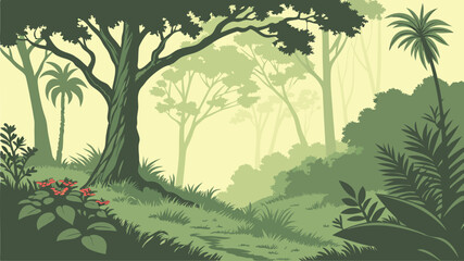 Lush Forest Scene Vector Illustration with Green Trees