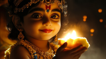 Little Krishna Hindu God with Diya in Hand Festival Celebration Indian Culture Mythology Religion Spirituality Traditional Dress Golden Ornaments Dark Background Bokeh Lights Diwali Janmashtami Bal