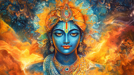 Hindu God Krishna Blue Skin Divine Portrait Colorful Background Ornate Crown Jewelry Spiritual Deity Hinduism Mythology Religious Artwork Wallpaper Mural Divine Artistic Representation Janmashtami